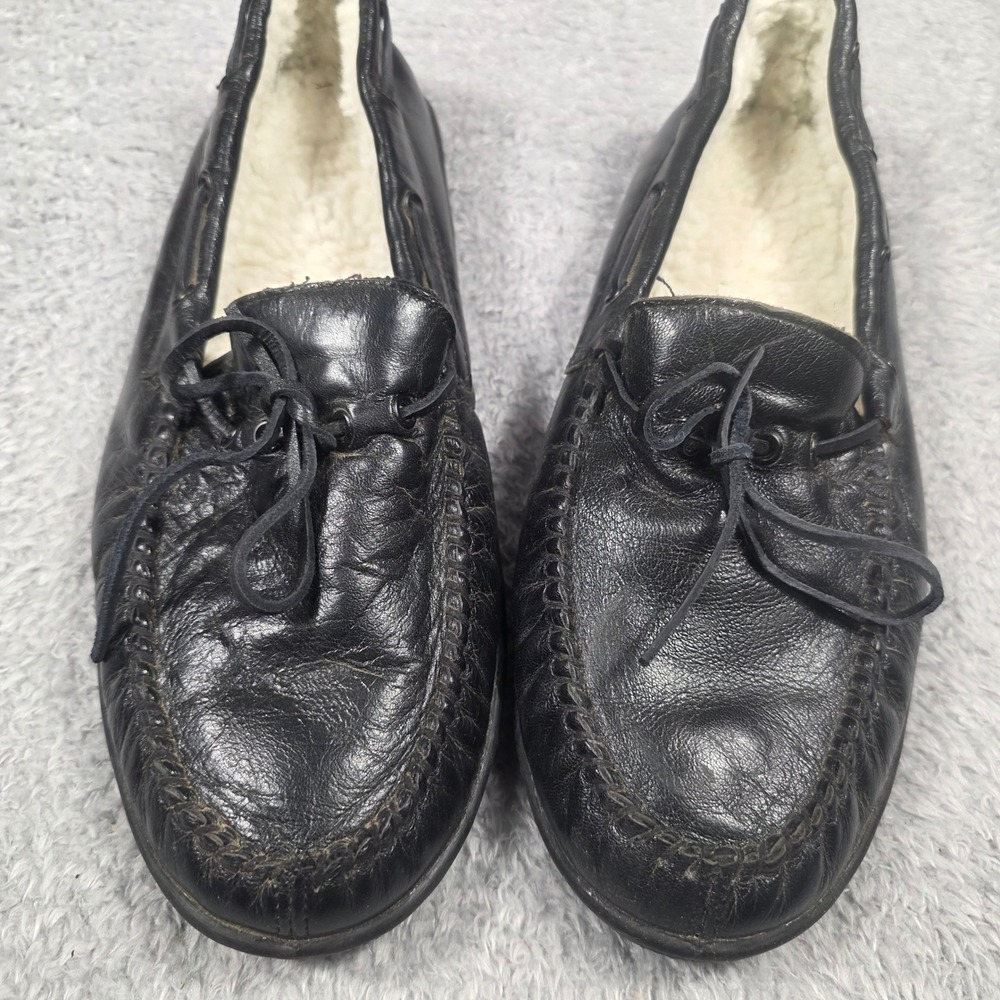 Unbranded Moccasin Slippers Mens 11 Black Leather Faux Fur Lined House Shoes